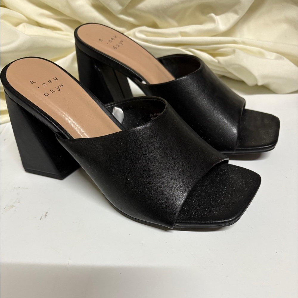 A New Day Black Open-Toe Block Heel Mules